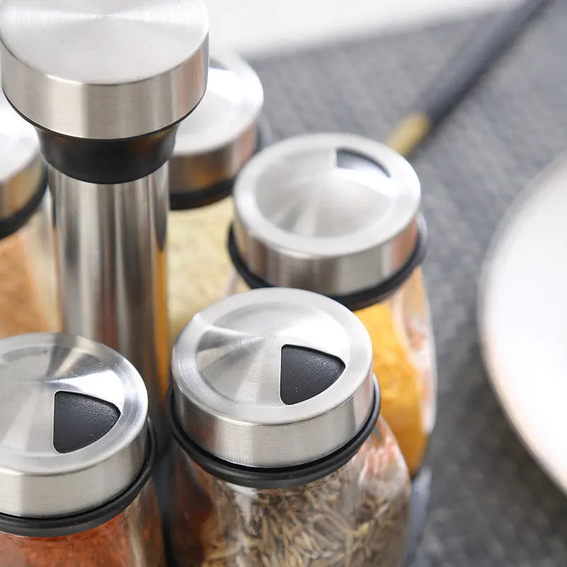 Rotating 7 Piece Glass & Stainless Steel Spice Caddy